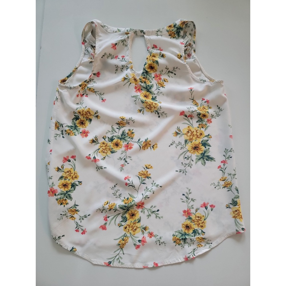 Old Navy Womens XS Floral Sleeveless Blouse White Yellow Pink Keyhole Back Top - Picture 2 of 3